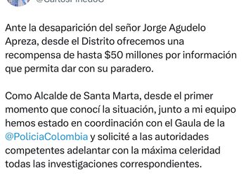 Alcalde de Santa Marta ofrece recompensa de hasta $50 millones por información sobre Jorge Agudelo